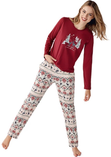 Kadın Kırmızı Uzun Kollu Pijama Takımı 3452-S