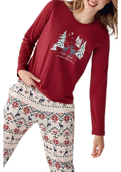 Kadın Kırmızı Uzun Kollu Pijama Takımı 3452-S fiyatları