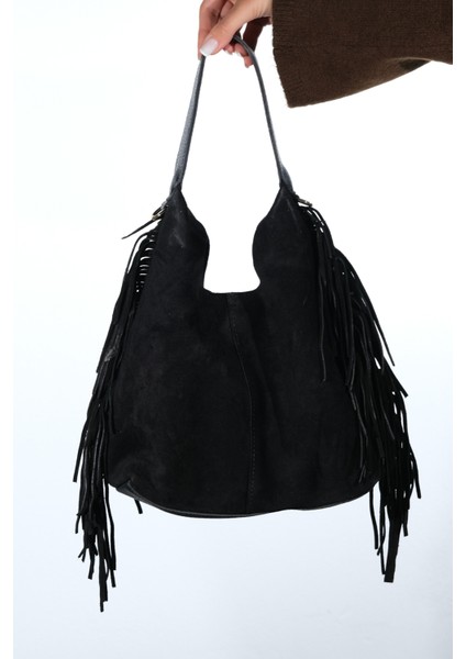 Vals Siyah Süet Hakiki Deri Püsküllü Kadın Kol Çantası