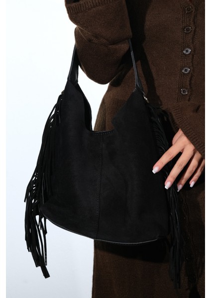 Vals Siyah Süet Hakiki Deri Püsküllü Kadın Kol Çantası fiyatları