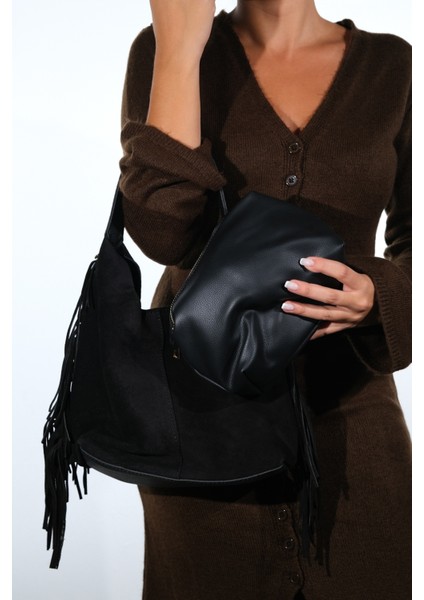 Vals Siyah Süet Hakiki Deri Püsküllü Kadın Kol Çantası modelleri