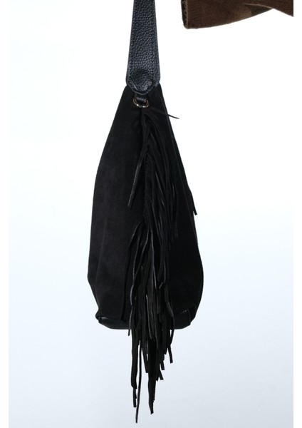 Vals Siyah Süet Hakiki Deri Püsküllü Kadın Kol Çantası fırsatları