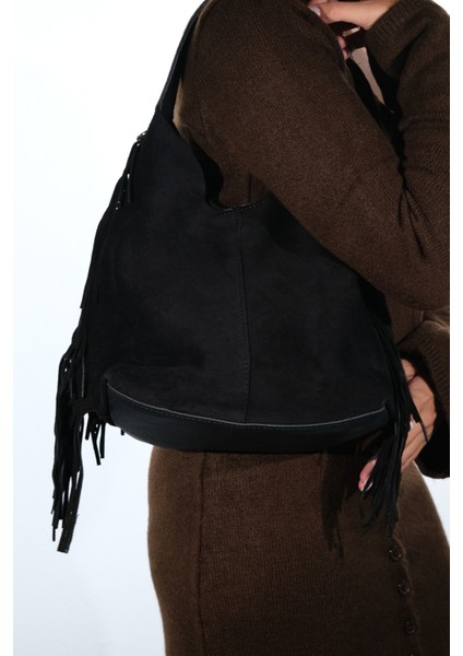 Vals Siyah Süet Hakiki Deri Püsküllü Kadın Kol Çantası indirimleri