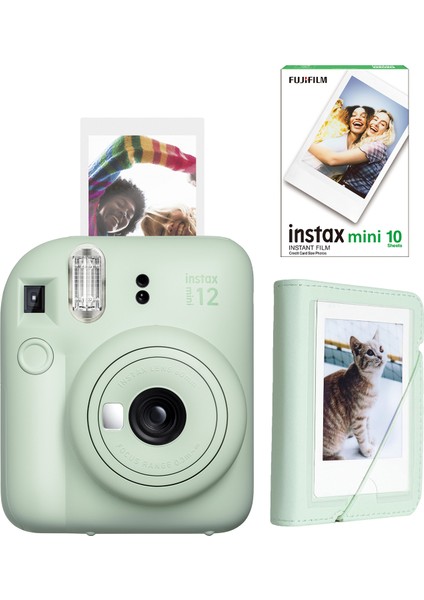 Instax Mini 12 Yeşil Fotoğraf Makinesi + 10'lu Film ve Mini Albüm Seti