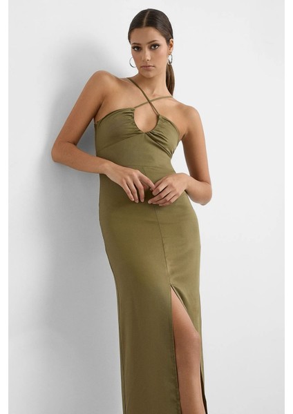 Kadın Yarım Boy Çapraz Boyunlu Bodycon Midi Elbise, Yırtmaç ve Ayarlanabilir İplik Detayı ile Green