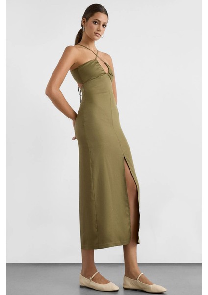Kadın Yarım Boy Çapraz Boyunlu Bodycon Midi Elbise, Yırtmaç ve Ayarlanabilir İplik Detayı ile Green modelleri