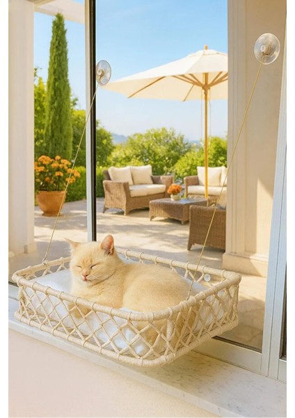 El Örgüsü Kedi ve Köpek Vantuzlu Cam Yatağı, Hamak Krem