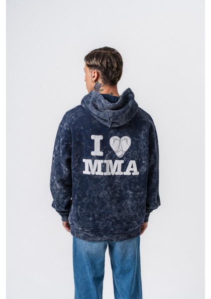 Erkek Mma Baskılı Kapüşonlu Oversize Hoodie Lacivert