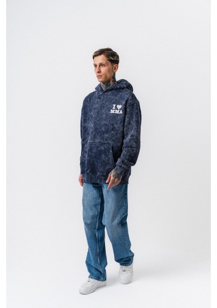 Erkek Mma Baskılı Kapüşonlu Oversize Hoodie Lacivert indirimleri