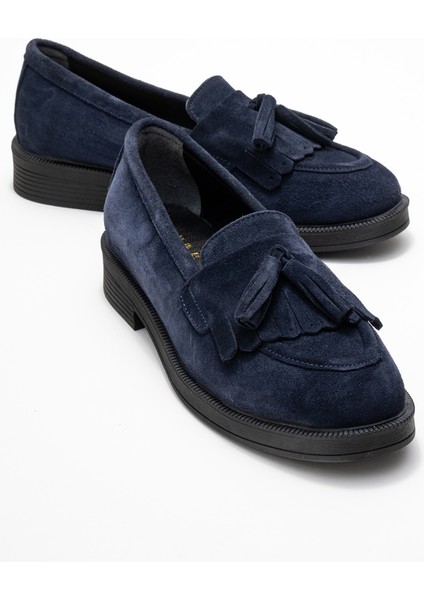 Milina Lacivert Süet Püsküllü Hakiki Deri Kadın Loafer Ayakkabı