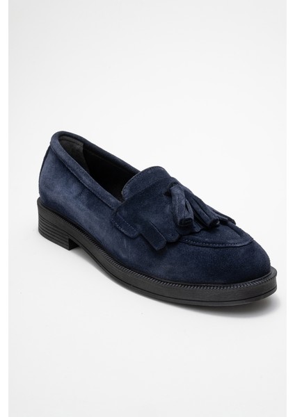 Milina Lacivert Süet Püsküllü Hakiki Deri Kadın Loafer Ayakkabı modelleri