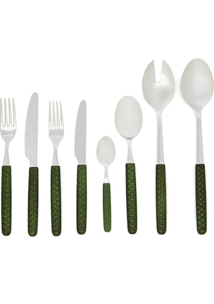 Intreccio Leather Yeşil Çelik 74 Parça Çatal Bıçak Kaşık Seti