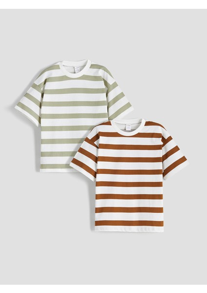 Yeni Sezon Bisiklet Yaka Çizgili Erkek Çocuk Tişört 2'li
