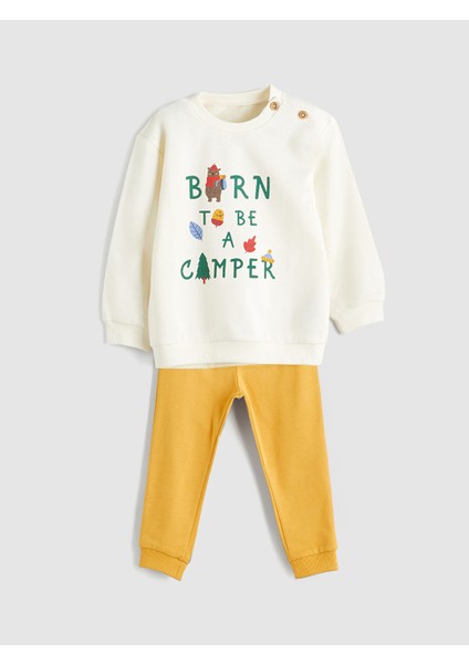 Yeni Sezon Bisiklet Yaka Baskılı Erkek Bebek Sweatshirt ve Eşofman Alt 2'li