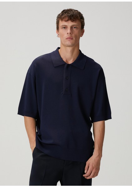Lacivert Polo Yaka Kısa Kollu Oversized Triko