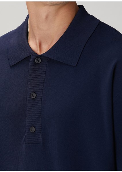 Lacivert Polo Yaka Kısa Kollu Oversized Triko