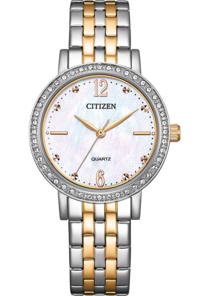 EL3106-59D Taşlı Tasarım Sedef Kadranlı Çelik Kordon Çelik Kasa 5 Atm Suya Dayanıklı Metalik-Altın Renk Kadın Kol Saati