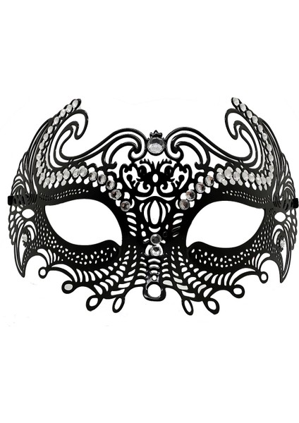 Siyah Renk Lazer Kesim Üzeri Kristal Taşlı Metal Balo Parti Venedik Maskesi - Lisinya modelleri