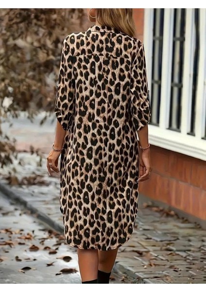 Kadın Uzun Kollu Yakalı Önden Düğmeli Leopar Desenli Modal Midi Elbise modelleri