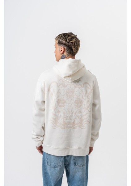 Erkek Garden Baskılı Kapüşonlu Oversize Hoodie Ekru