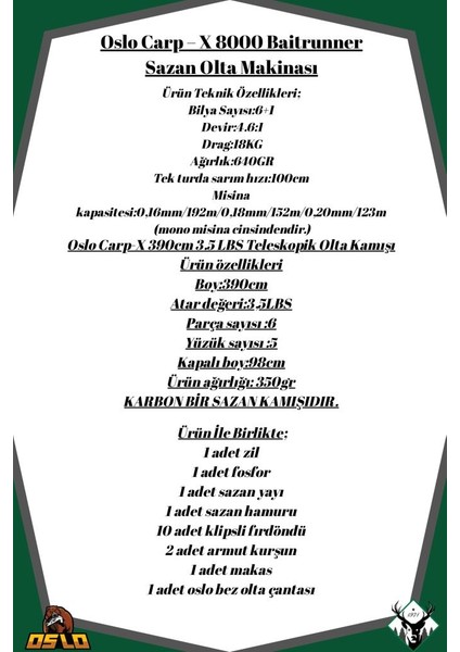 Carp-X 8000 Oslo Carp-X 390CM 3,5lbs Sazan Olta Seti fiyatları