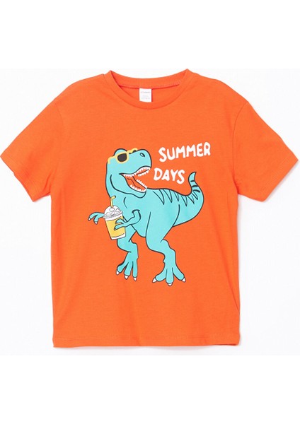 Yeni Sezon Bisiklet Yaka Dinozor Baskılı Erkek Çocuk Tişört