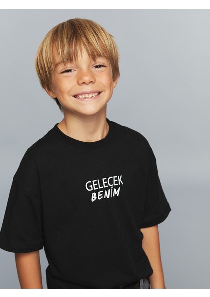 Yeni Sezon Bisiklet Yaka Slogan Baskılı Erkek Çocuk Tişört
