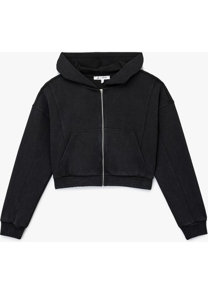 Rahat Kalıp Kanguru Cepli Fermuarlı Yıkamalı Kapüşonlu Crop Sweatshirt