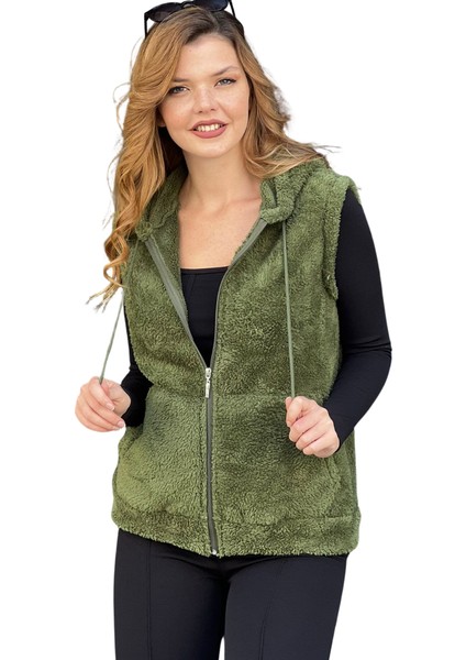 Kadın Haki Yeşil Kapşonlu Kolsuz Peluş Yelek
