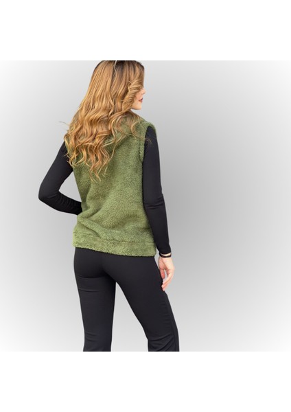 Kadın Haki Yeşil Kapşonlu Kolsuz Peluş Yelek fiyatları