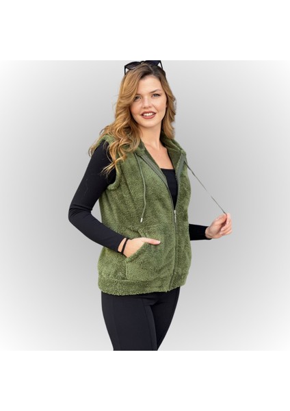 Kadın Haki Yeşil Kapşonlu Kolsuz Peluş Yelek modelleri