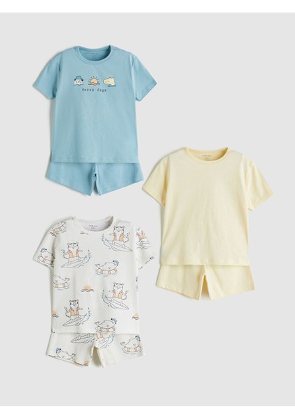 Yeni Sezon Baskılı Erkek Bebek Tişört ve Şort 3'lü Takım