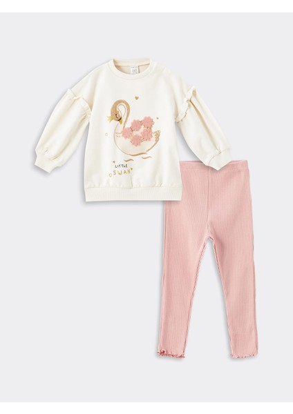 Yeni Sezon Bisiklet Yaka Uzun Kollu Baskılı Kız Bebek Sweatshirt ve Tayt 2'li