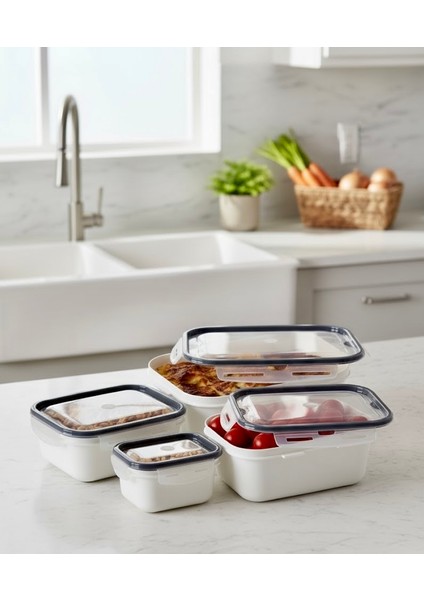 Kilitli & Kapaklı Saklama Kabı 4'lü Set (0.45L + 1l + 2l + 4l) | Hava Geçirmez, Bpa Içermez, Mikrodalga ve Bulaşık Makinesine Uygun