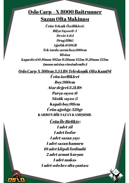 Carp-X 8000 Oslo Carp-X 360CM 3,5lbs Sazan Olta Seti fiyatları
