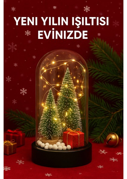 2026 Yeni Yıl Hediye LED Işıklı Fanus Içinde 2 Çam Ağacı ve Hediye Temalı Noel Yılbaşı Gece Lambası fiyatları