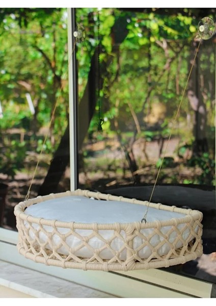 Kedi ve Köpek Vantuzlu Cam Yatağı, Kedi Hamağı, Kedi Yatağı Puf Minderli Krem