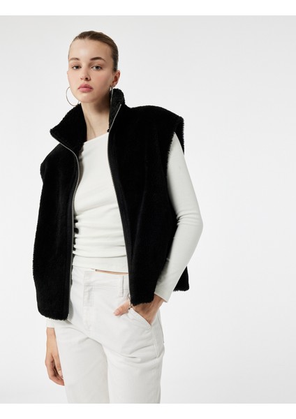 Fermuarlı Uzun Şal Yaka Peluş Yelek