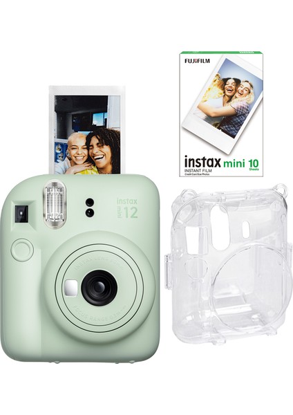 Instax Mini 12 Yeşil Fotoğraf Makinesi + 10'lu Film ve Şeffaf Kılıf Seti