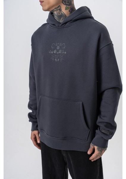 Erkek Garden Baskılı Kapüşonlu Oversize Hoodie Füme indirimleri