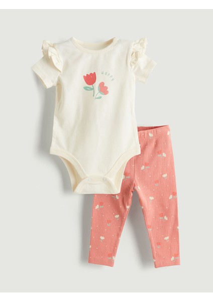 Yeni Sezon Organik Kumaş Çiçekli Kız Bebek Çıtçıtlı Body ve Tayt 2'li