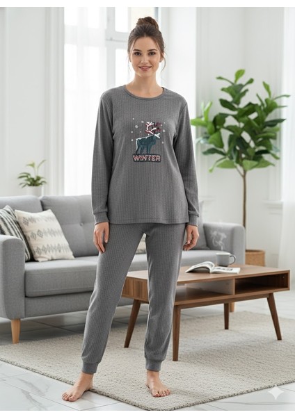 Kadın Gri Kışlık Pijama Takımı