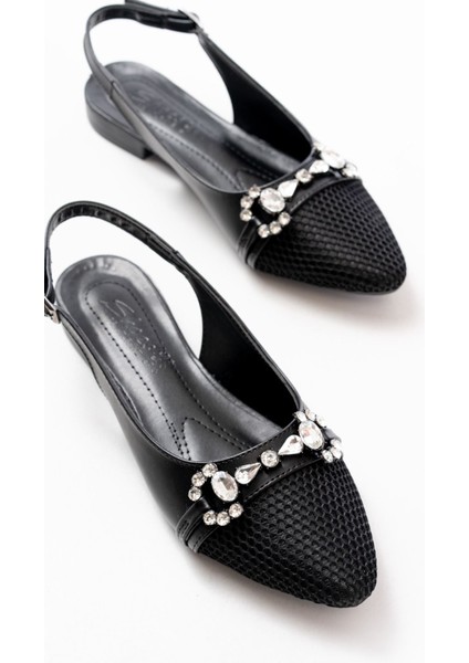 İNF-120 Siyah Günlük Fileli Taş Aksesuarlı Kadın Babet fırsatları