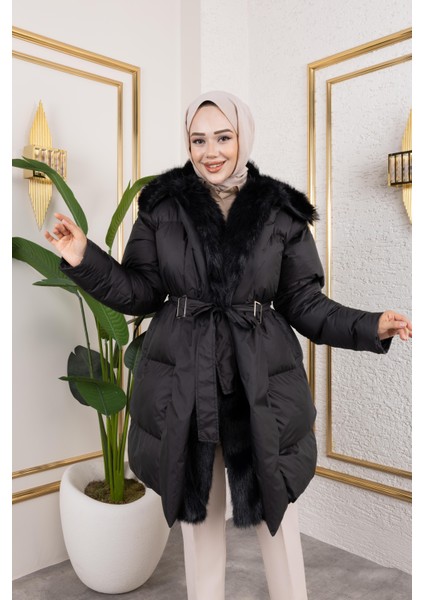 Kadın Kürk Detaylı Kemerli Siyah Şişme Mont