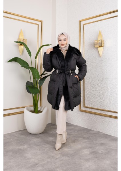 Kadın Kürk Detaylı Kemerli Siyah Şişme Mont fiyatları
