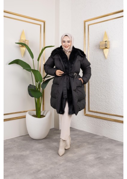 Kadın Kürk Detaylı Kemerli Siyah Şişme Mont modelleri