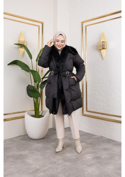 Kadın Kürk Detaylı Kemerli Siyah Şişme Mont fırsatları