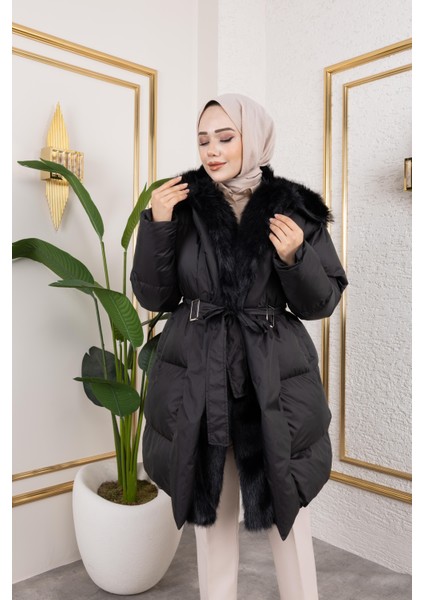 Kadın Kürk Detaylı Kemerli Siyah Şişme Mont indirimleri