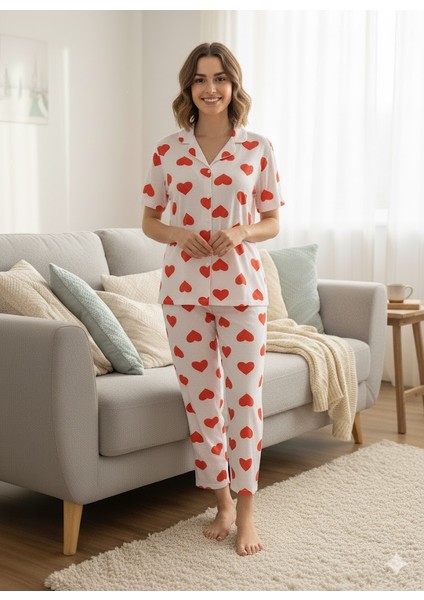 Kadın Kalp Detaylı Düğmeli Pijama Takımı