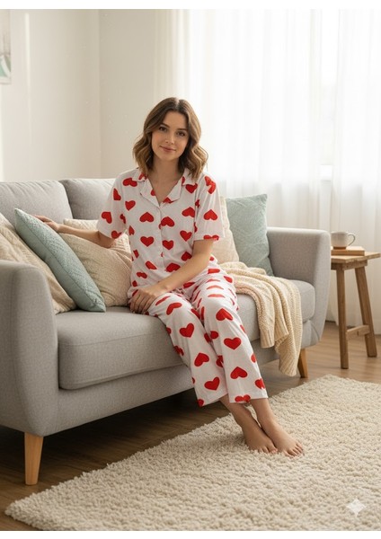 Kadın Kalp Detaylı Düğmeli Pijama Takımı modelleri